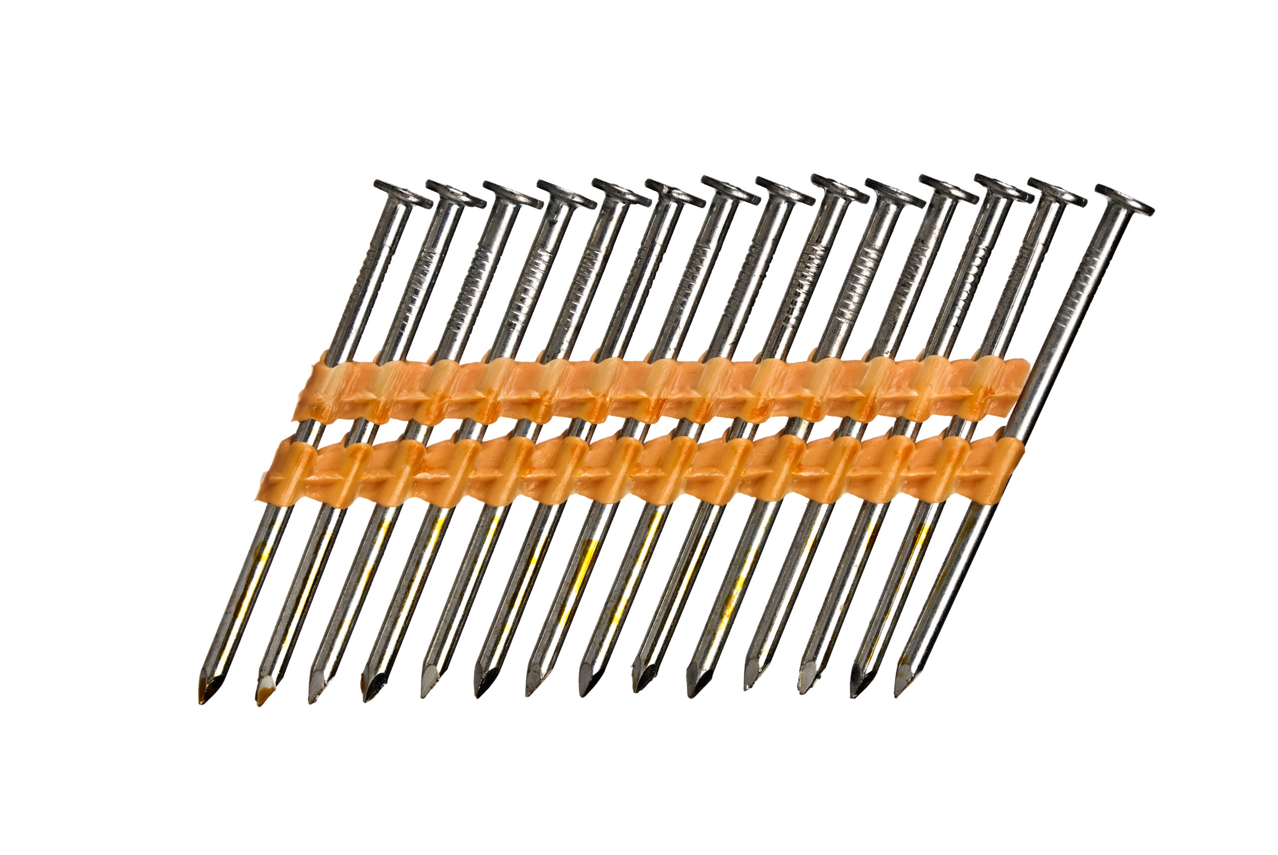A row of nail gun nails isolated on a white background.